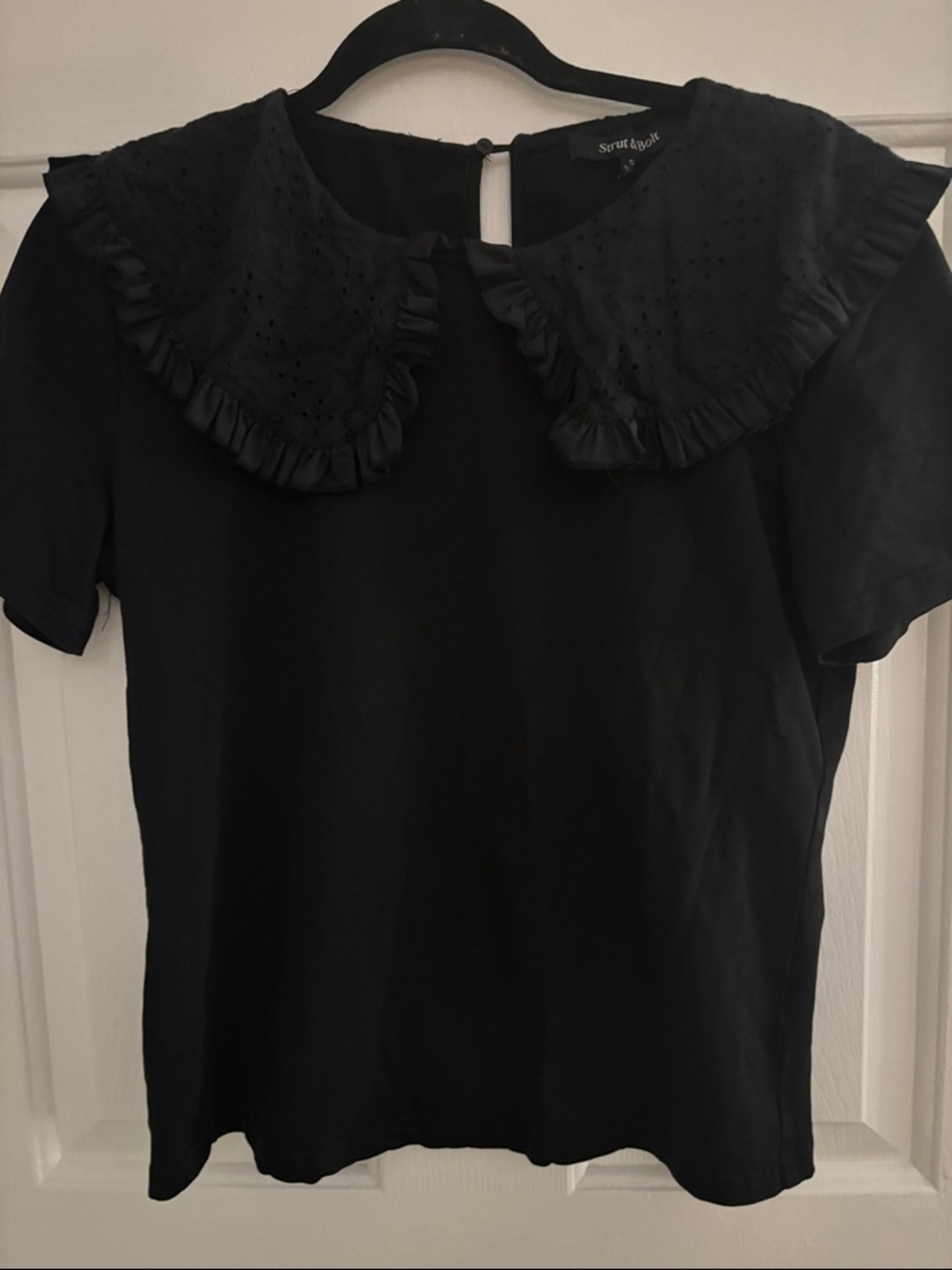Strut & Bolt  Black Ruffle Eyelet Collar Short Sleeve Blouse